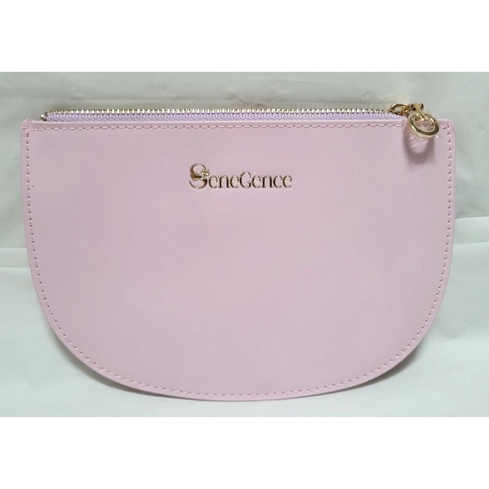 SeneGence Pink Stiff Faux Leather Half-Moon Zip Cosmetic Makeup Bag Pouch - Picture 1 of 7